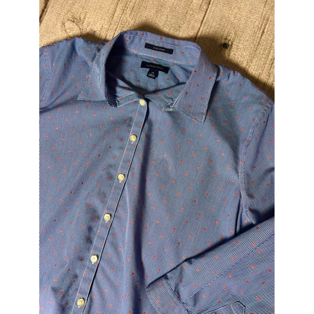 Lands End Womens Blue Red Gingham Check Button Down Shirt 3/4 Sleeve Size 14 - Picture 2 of 8